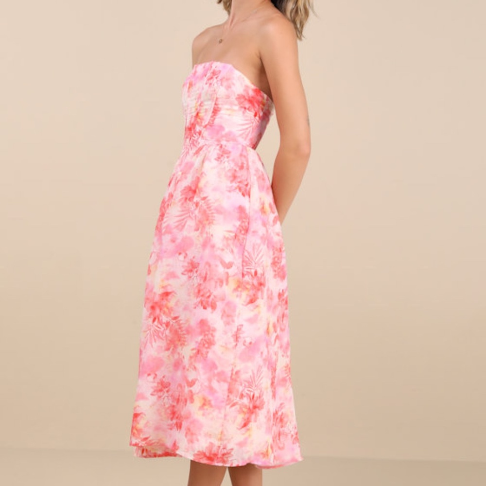 Lulus Eulalia Pink Floral Lace-up Strapless Bustier Midi Dress - Size M